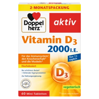 Abbildung der Produktverpackung Doppelherz aktiv Vitamin D3 2000 I.E. Frontansicht
